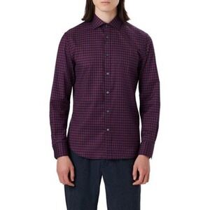 Bugatchi Size XL Purple Shaped Fit Check Print Stretch Cotton‎ Button Up Shirt